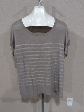 Women’s Apt 9 Tan Beige Sparkle Stripe Short Sleeve Stretch Top Shirt Blouse XL